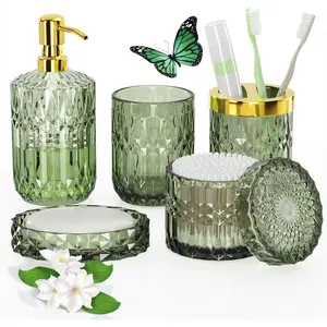Green Glass Bathroom Accessories Set 5 Pcs, Green Bathroom Set, Soap Dispenser and Toothbrush Holder Set, Qtip Holder Set, Vintage Bathroom Sink Set, Cute Bathroom Decor