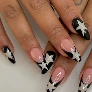 Star Pattern Fake Nails with Nail File & Sticker Sheet, Long Almond False Nails for Women & Girls DIY Nail Art, Effortless Stick On Nails Manicure Set, Fake Nails Kit