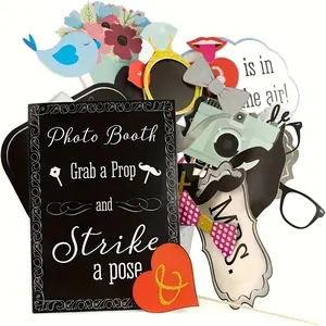 Wedding Photo Booth Props Set, 31pcs Wedding Party Supplies, Thick Cardboard & Glitter, Reusable High-Quality Decorations