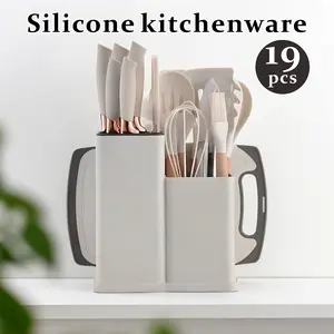 19-Piece Kitchen Knife Set High Carbon Stainless Steel Pastel White Pink Grey Black Cutlery Nonstick Wooden Silicone Handles Serrated Steak Knives Chef Knife Bread Knife Scissors with Storage Block for Kitchen, Knives Kitchen Set