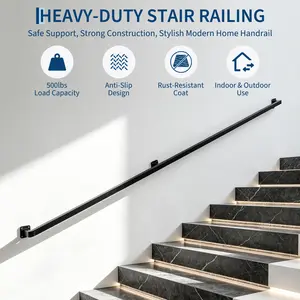 Indoor Stair Railings with 500lbs Load Capacity, Wall-Mounted Metal Hand Rail, Modern Industrial Staircase Handrails for Indoor Outdoor, Loft, Porch, Deck