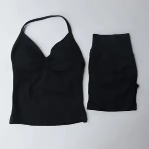 (Free shipping)comfy active wear Impact Gym Set 2 Piece Longline Strappy Top Workout Vest Scrunch Shorts Sports Halter Suit Fitness Clothes Seamless Yoga Set Athletic Activewear Tracksuits Textured Sweatsuit