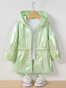 Toddler Girl's Glitter Zip Up Hooded Trench Coat, Fashionable Long Sleeve Coat for Spring & Fall, Toddler Girls Outerwear for Daily Wear