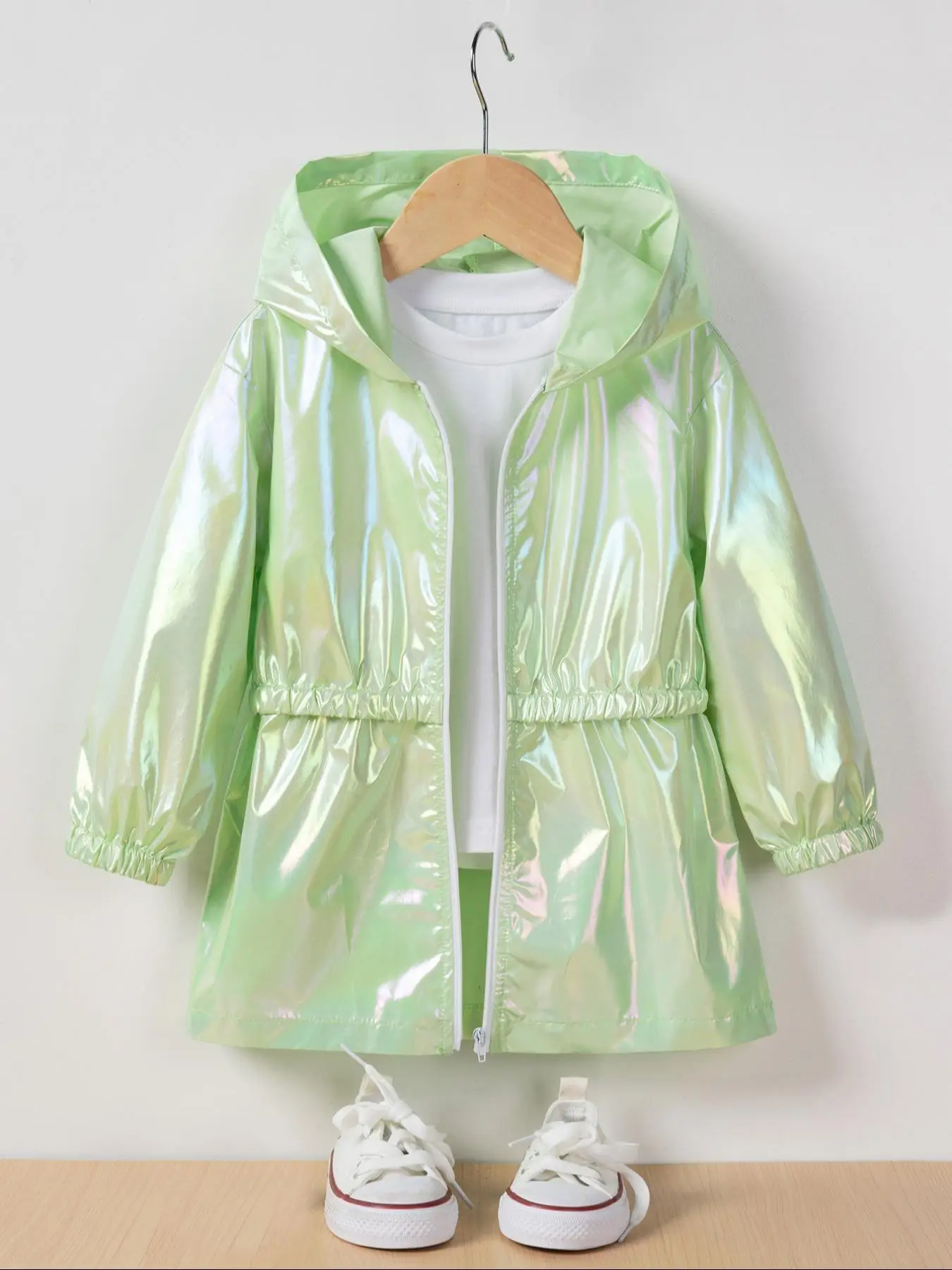 Toddler Girl's Glitter Zip Up Hooded Trench Coat, Fashionable Long Sleeve Coat for Spring & Fall, Toddler Girls Outerwear for Daily Wear