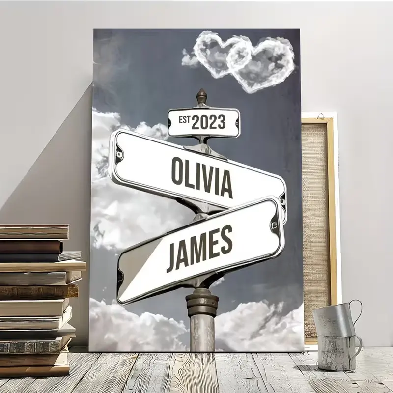 2D Flat, 1pc Personalized Vintage Street Logo Canvas Wall Art- Custom Name& EST. Date, Heart Cloud Design, Wrap Canvas Frame, Vertical Wall Decoration for Bedroom, Wedding Anniversary, Interior Decoration Gifts father, Whimsical home decor,Wall art