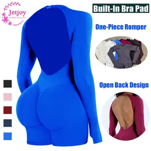 Seamless Long Sleeve Backless Romper, Seamless Jumpsuit Tummy Control Romper for Women Workout Yoga Gym Seamless One Piece Jumpsuit Tummy Control Gym Shorts for Women, Workout Yoga Gym Seamless One Piece