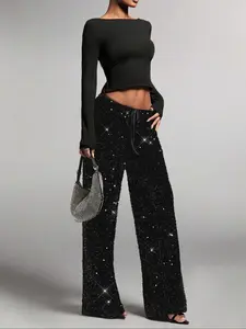 High-Waisted Sequined Straight-Leg Pants, Party Style Shiny Decorative Trousers, Drawstring Adjustable Slimming New Design, Elastic Straight-Leg Pants
