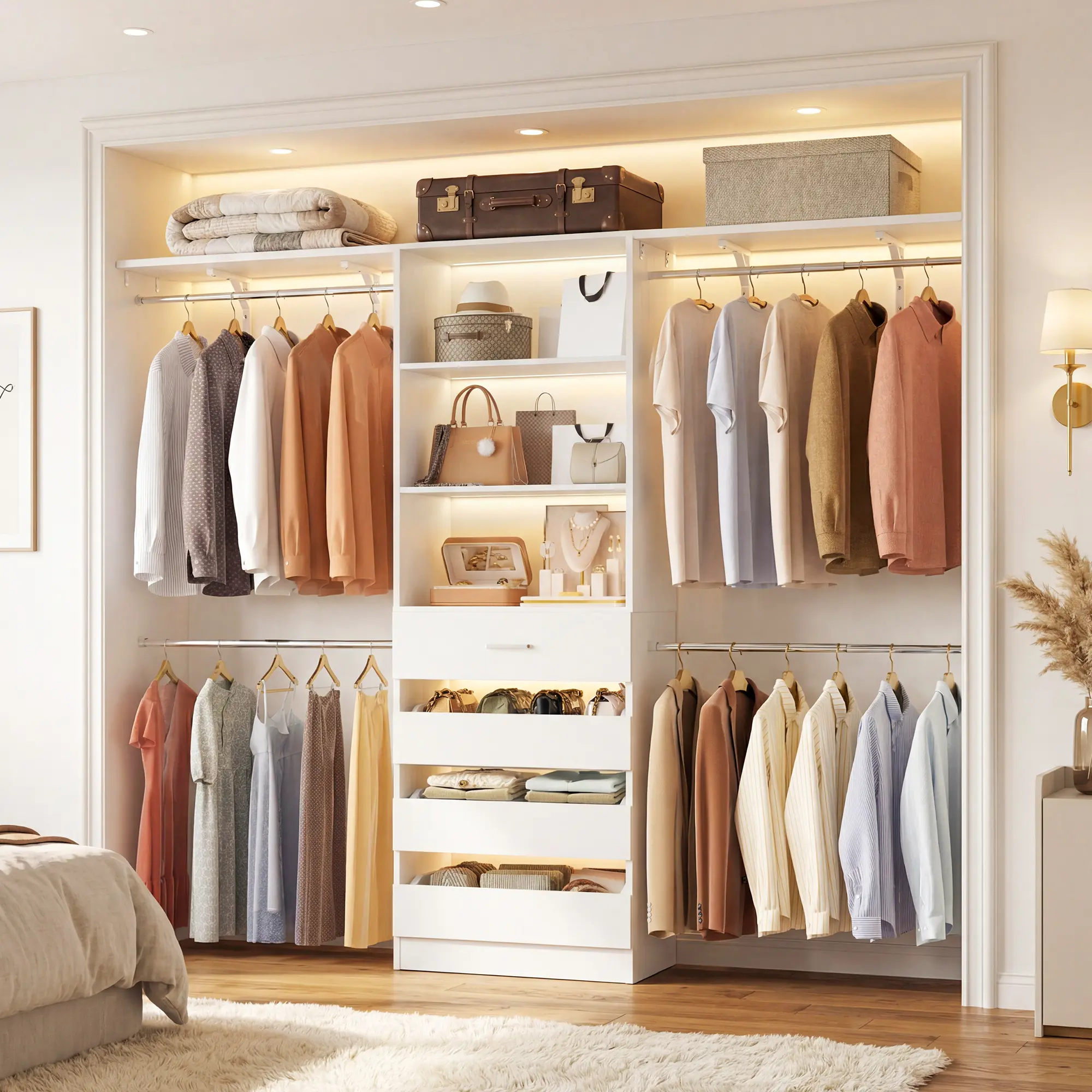 Cyclysio Adjustable Heavy-Duty Wardrobe Starter Kit - 96in W 8FT Sturdy Wooden Closet Organizer with 4 Drawers, 4 Hanging Rods, Storage Shelves, Double Rack, Assembled Pieces, Accessible Design, Drawers Wardrobes, Adjustable Heavy-Duty Wardrobes