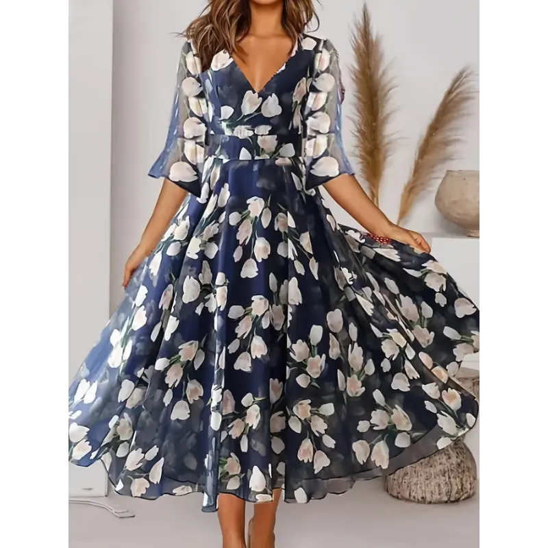 Women's Plus Size Lightweight Elastane Chiffon Maxi Dress - Deep V-Neck, Floral Tulip Print, Flared Skirt, Elegant Summer Gown (Dry Clean Recommended)