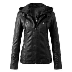 LeatherJacketWomenHoodedFauxPuLeatherMotorcycleJacketZipperLongSleeveAutumnWinterOutwearCoatsJaquetaFeminina