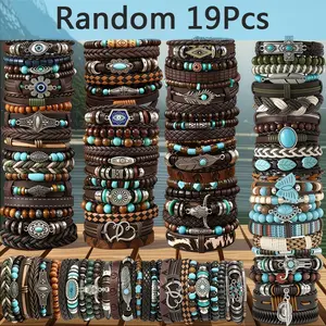 19pcs Bohemian Vintage Western Pu Leather & Turquoise Beaded Bracelet Set, Multilayer Woven Faux Leather Bangle with Feather & Floral Charms, Unisex Fashion Jewelry for Women Men Daily Wear