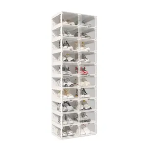 Foldable Shoe Rack,Shoe Organizers for Closet Plastic Shoe Storage Box Space Saving for Entryway, Large Sturdy Stackable Sneaker Cabinet Bins with Magnetic Clear Door