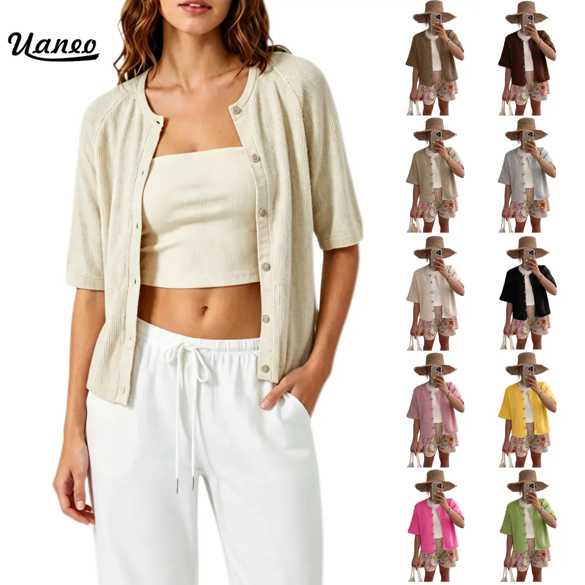 UANEO Women's Short Sleeve Cardigan Knit Sweater Top - Crew Neck Button Down Soft Knitting Fabric, Lightweight Breathable Shrug, Casual Work Office Cover Up, Versatile Spring Summer Outfits Layering #everydaybasics,womenswear,vacation,knitwear