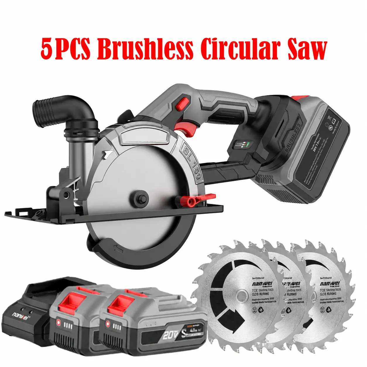 NANWEI 6-inch Brushless Circular Saw, with Two 4000mAh Batteries (charger Included), 6800RPM Compact Circular Saw, 150mm Blade, Supports 0-50 Degree Bevel Cutting Angle, Lightweight Design, Includes 3 Saw Blades, Suitable for Wood, Stone