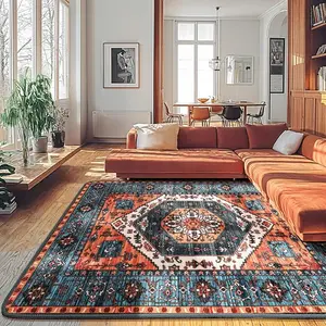 Sonoro Kate Red Boho Area Rug Washable Low Pile Carpet for Bedroom Living Room, Soft Non Slip Foldable Indoor Rug, Pet Friendly & Stain Resistant