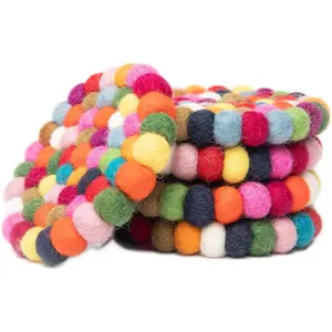 Round Felt Ball Coasters - Wool Table Coasters - Felt Coaster Pads, Absorbent Trivet for Drinks - Heat Resistant, Thick & Durable Hand Felted - Wool- Multicolor Set of 5