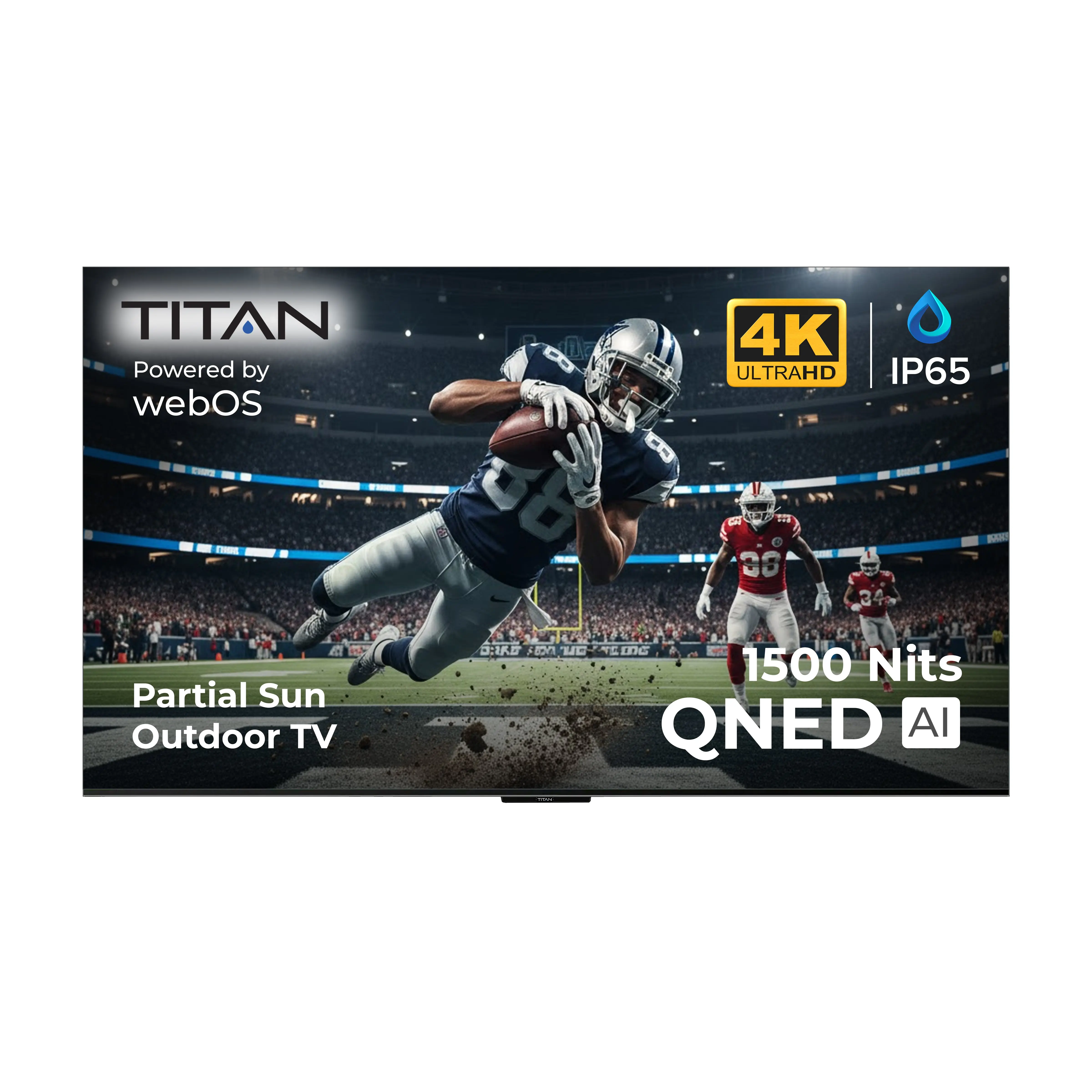 Titan L200 QNED Outdoor TV, Partial Sun, IP65 Smart Weatherproof TV, 4K HDR, 120 Hz, Web AI OS, 1500 Nits, Wi-Fi 6E, HDR10, Outdoor TV Cover, Slim Bezel, 2 Year Warranty