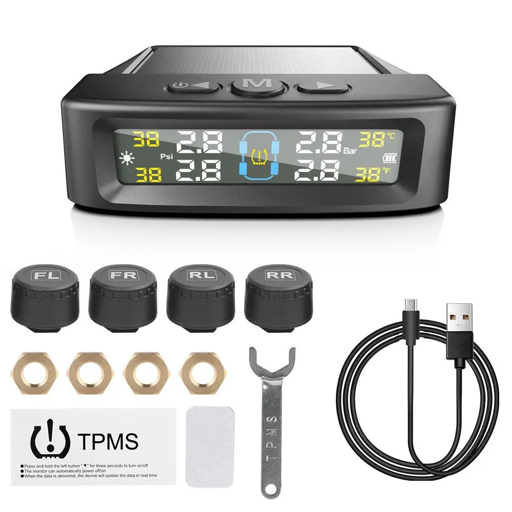 Solar Powered Tire Pressure Monitoring System, Car Tire Pressure Monitor with 4 External Sensors, Solar TPMS, Temperature Warning Fuel Save Monitoring System, Car Parts