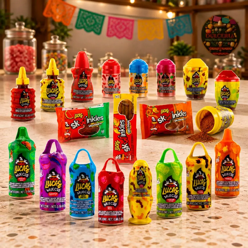 Lucas Mexican Sweets Variety of sour, sweet, spicy, includes wigs, Baby Powder, Lucas Muecas Chamoy, Gusano, Salsagheti, Bomvaso, Skwinkles, and Choose Your Favorite Package Snack