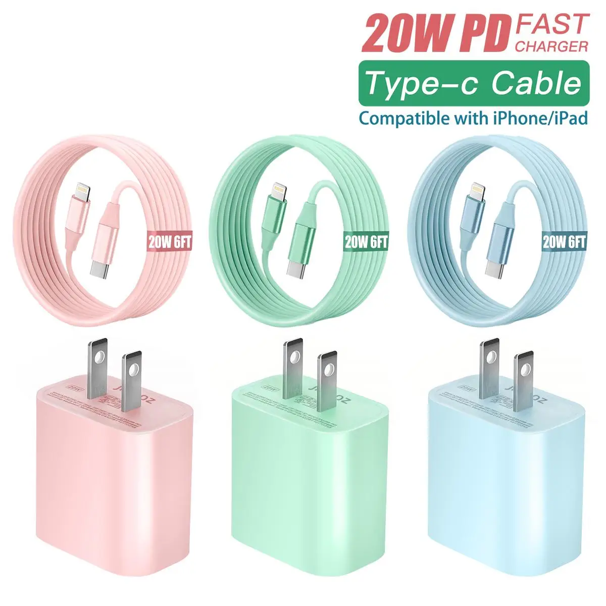 20W PD Wall Charger & 20W 6FT Fast Charging Cable Set, 3 Sets Type-C Wall Charger with Cable for iPhone 14/13/12 Pro Max/12Mini/11 Pro/XR/X
