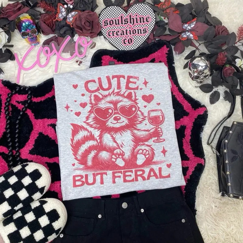 Cute but Feral Retro Graphic Tee Shirt- funny raccoon- distressed vintage- Unisex T-Shirt- Sublimation Printed Fabric Handmade