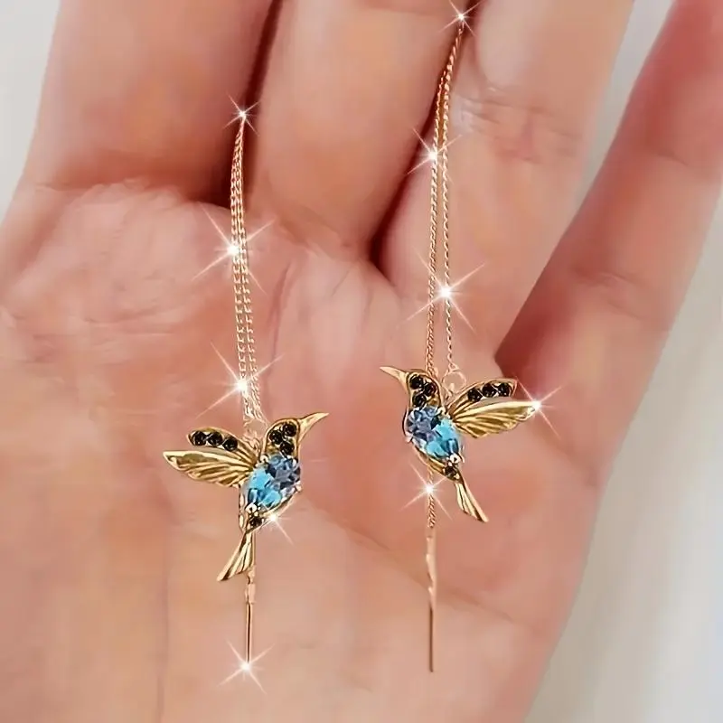 Women's Hummingbird Drop Earrings - Elegant Copper Costume Jewelry, Bling Accessory for Weddings & Daily Wear, Trendy Fashionable Accessories, Bird Animal Motif, Single Pair for Engagement