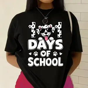 Dalmatian 101 Days Of School Womens Cotton T Shirt Teacher Student Back To School Graphic Tee Classroom Spirit