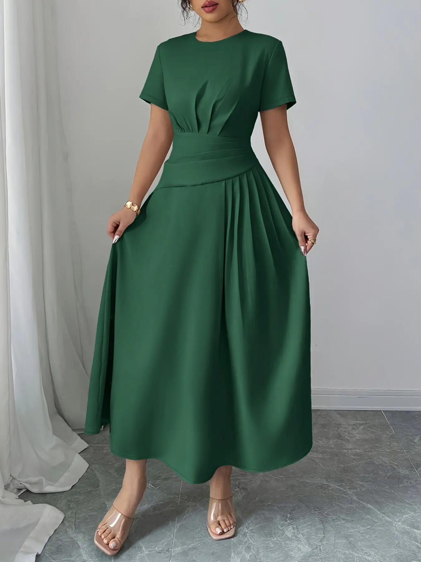 Elegant Women's Short Sleeve Dress, Pure Color Solid Minimalist Simple Design, Basic Fashionable Chic Casual Womenswear, Perfect for Daily