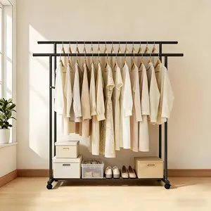 Double-Rod Movable Metal Clothes Rack with Wheels Side-Mounted Extension Rods Rolling Design Sturdy Hanger Organizer Wire Garment Rack for Bedroom Laundry Room Living Room Bedroom Decor