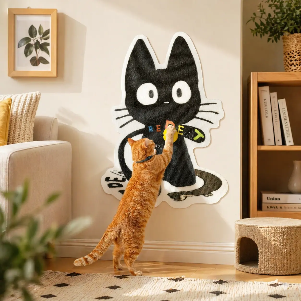 REPET Wall Mounted Cat Scratcher | Peel & Stick No-Damage Scratching Pad, Foldable Space-Saving | Renter-Friendly Cat Furniture Protector, Cute Cat Wall Scratch Board