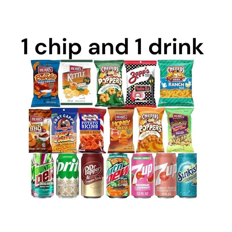 1 Chip and 1 Drink American Bundle- Perfect for Snacking- Herrs, Cheetos, Popcorn, Mountain Dew, 7up, & more