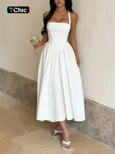 Elegant Strapless Halter Neck A-Line Dress, Casual Plain Long Skirt for Women, Slim-Fitting Daily Wear, Chic & Comfortable