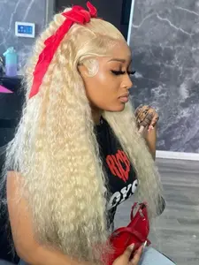 613 Blonde Deep Curly Lace Front Wig, 28 Inch, 13x4 HD Transparent Lace, Pre-Plucked Hairline, Natural Density, Heat Resistant Synthetic Hair, Glueless Beginner Wig for Party, Christmas & Halloween, Curly Wigs