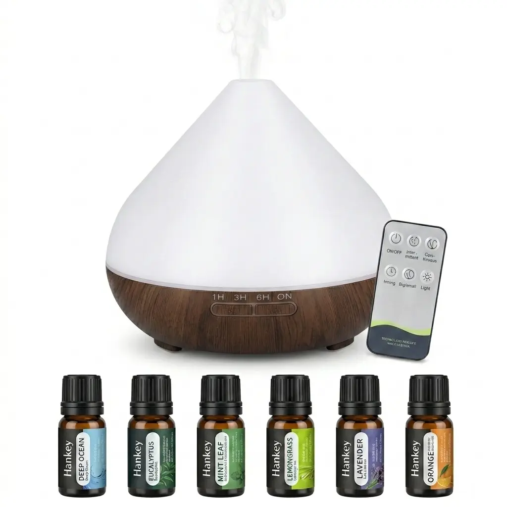 HONSUN Compact Wood Grain 500ML Ultrasonic Volcano Diffuser Humidifier - Remote-Operated Aroma Scent Diffuser with 7 Color Lights, Timing Setting, Portable USB, Auto-Off Protection, 6 Essential Oil Bottles for Bedroom, Office