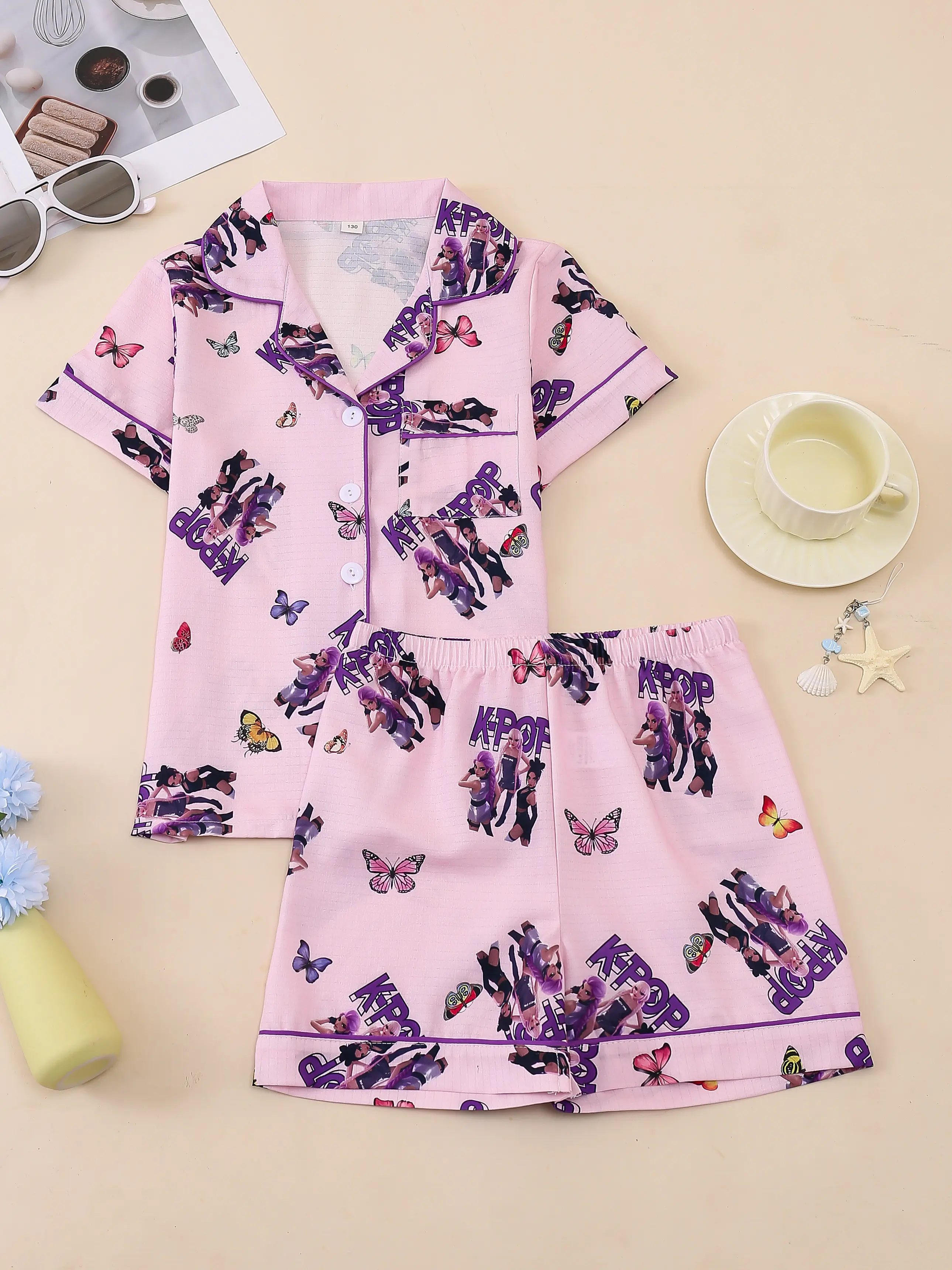 Cute and sweet bubble-textured sleepwear set for girls — summer trendy print featuring butterflies; soft, breathable collared short-sleeve top and shorts loungewear for children/girls.