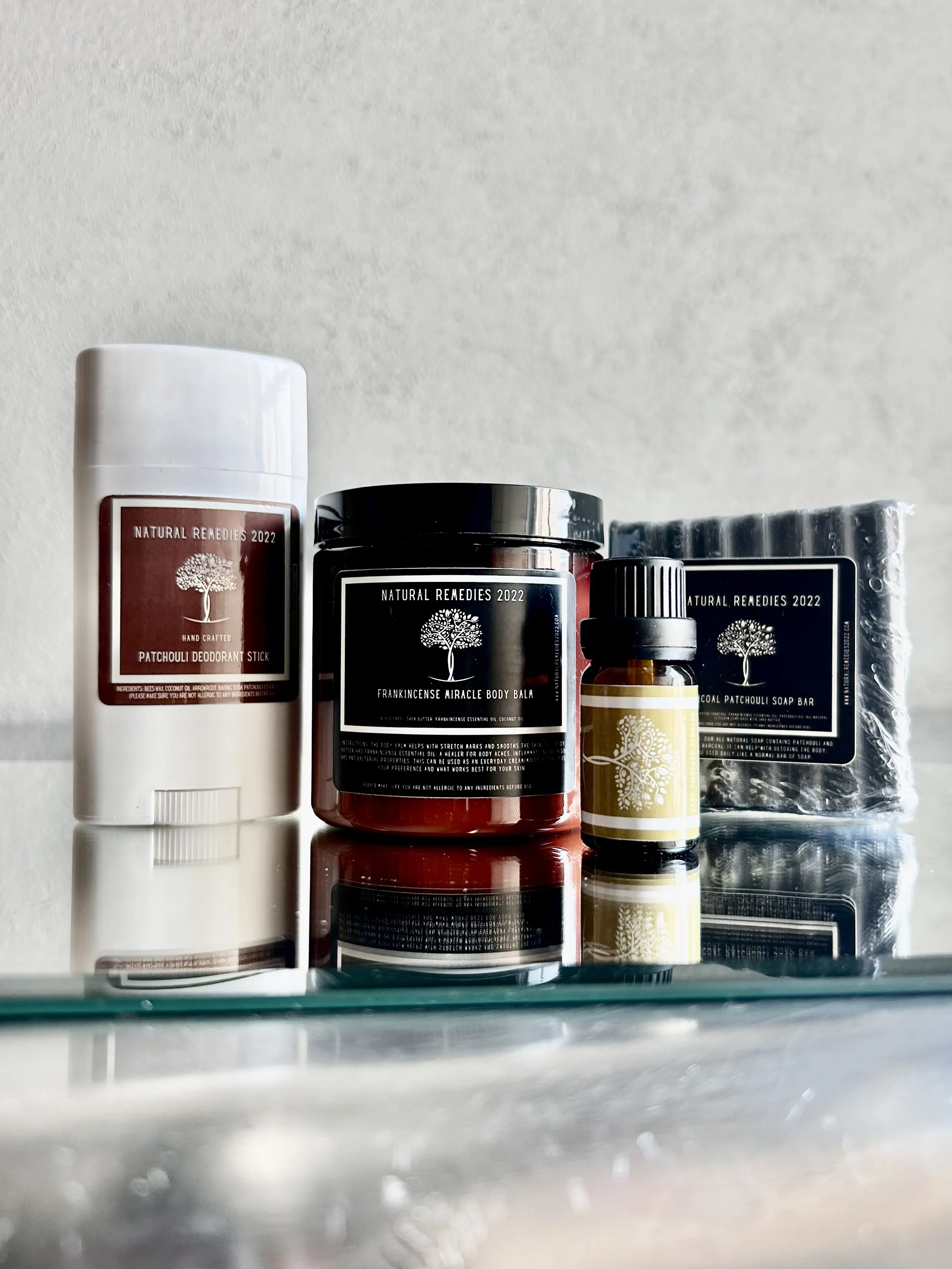 START SMALL BUNDLE -Charcoal Patchouli Soap, -Frankincense Essential Oil Mini, -Patchouli Deo Stick, -Miracle Body Balm