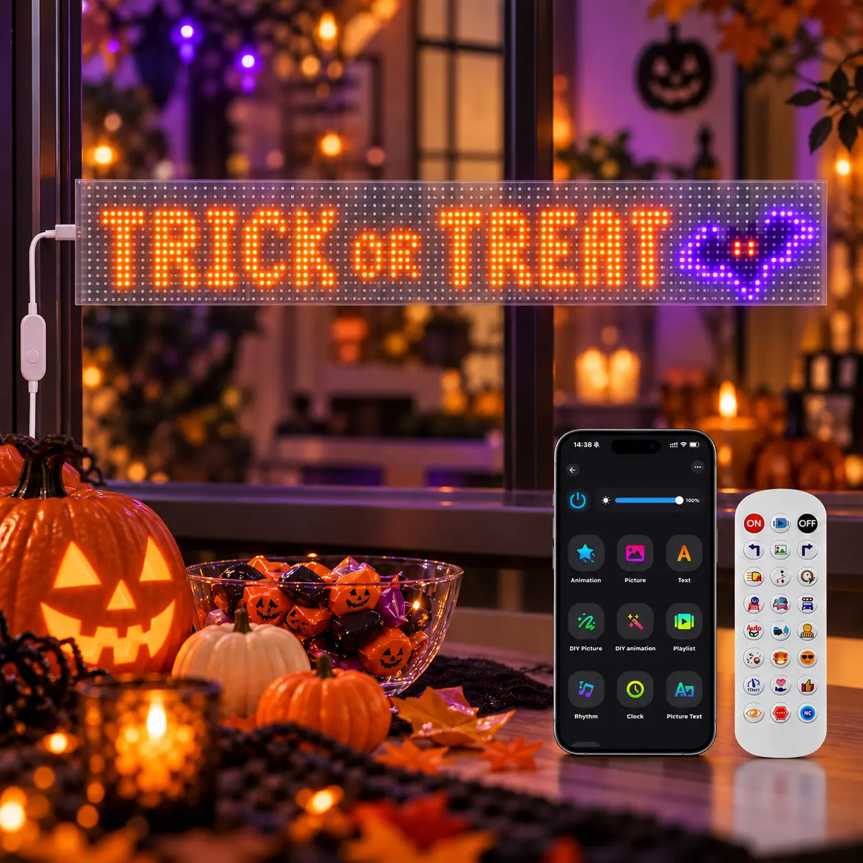 ECHOSARI Programmable Halloween LED Sign, Safe Waterproof IP65 Flexible Display, App & Remote Control, Custom Scrolling Text & Patterns, USB-Powered Power Bank Ready for Store Events & Indoor Window Decor