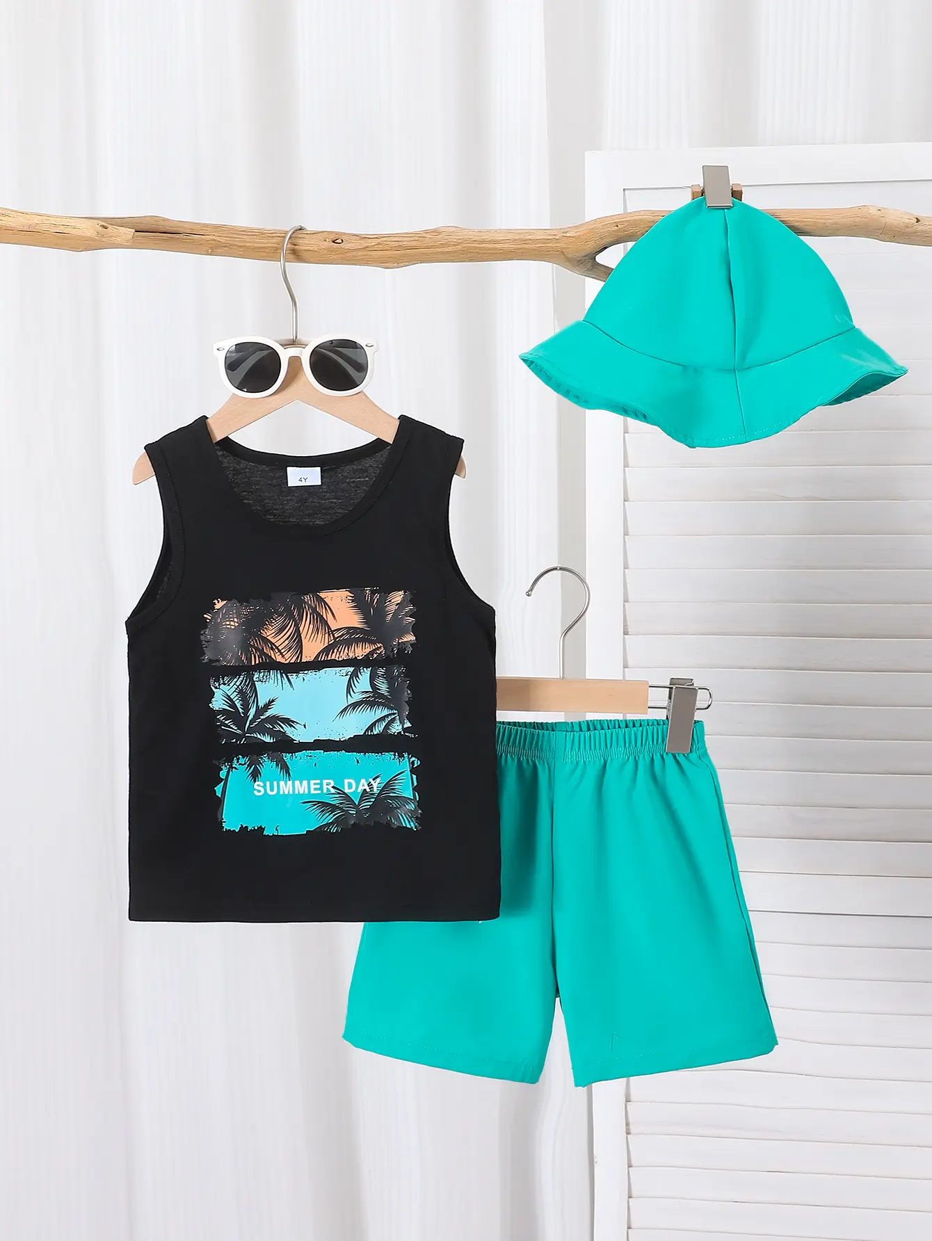 Summer 3-Piece Outfit For Toddler Boys Tropical Print Tank Top with Teal Shorts and Bucket Hat