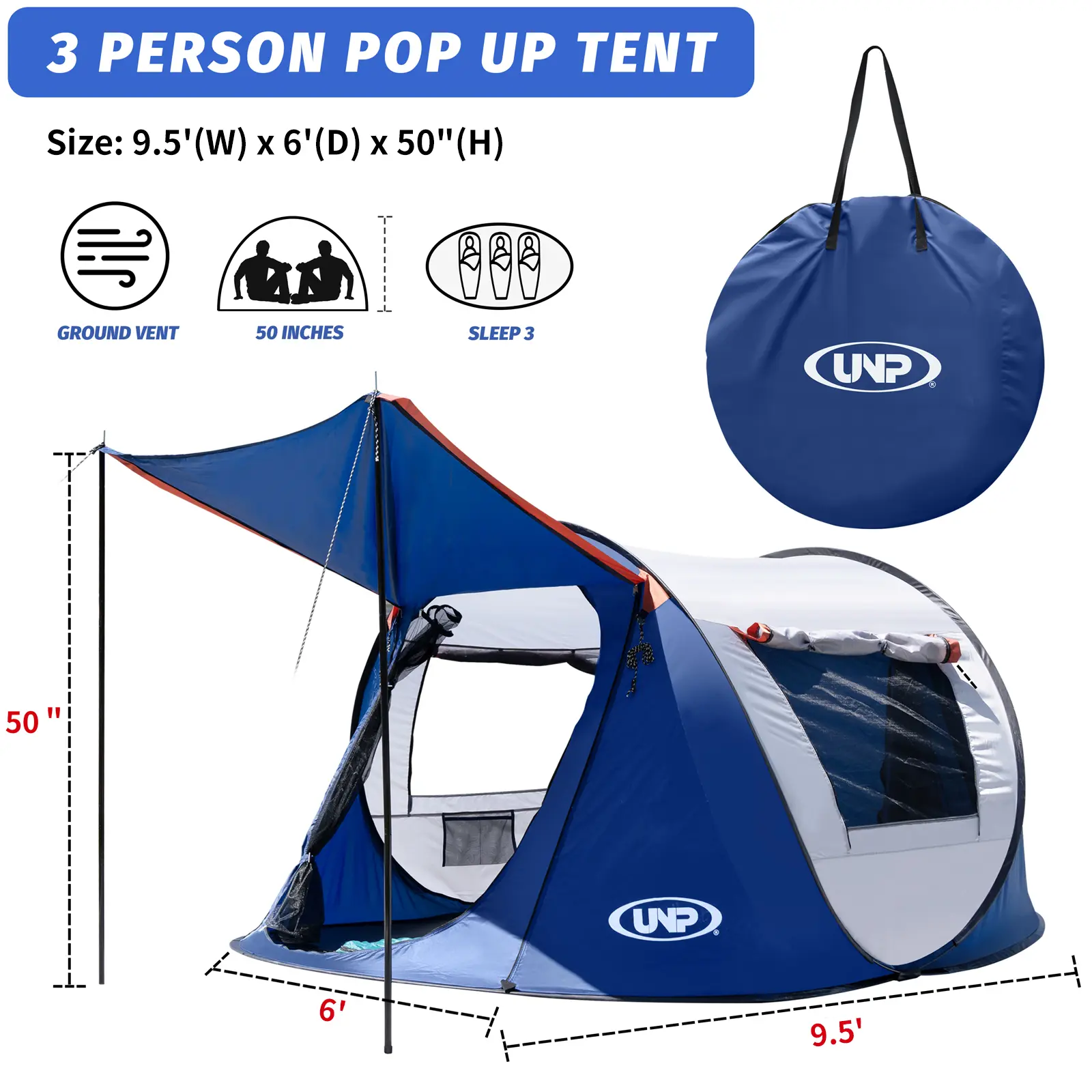 Pop-up Tent, 3 Person Camping Tent, Instant Portable Beach Tent, Easy Pop Up Shade Tents 2 Doors for Camping Hiking & Traveling with Carrying Bag family trip
