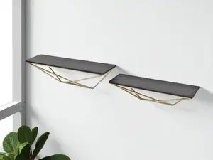 360 stand Geometric Hanging Shelves - Set of 2 Black & Gold Wood & Metal Modern Decorative Wall-Mount Accent Shelves, 2 Sizes, 8 lbs Max Capacity for Room Decor, Hanging Floating Shelves, Mounted Floating Shelves