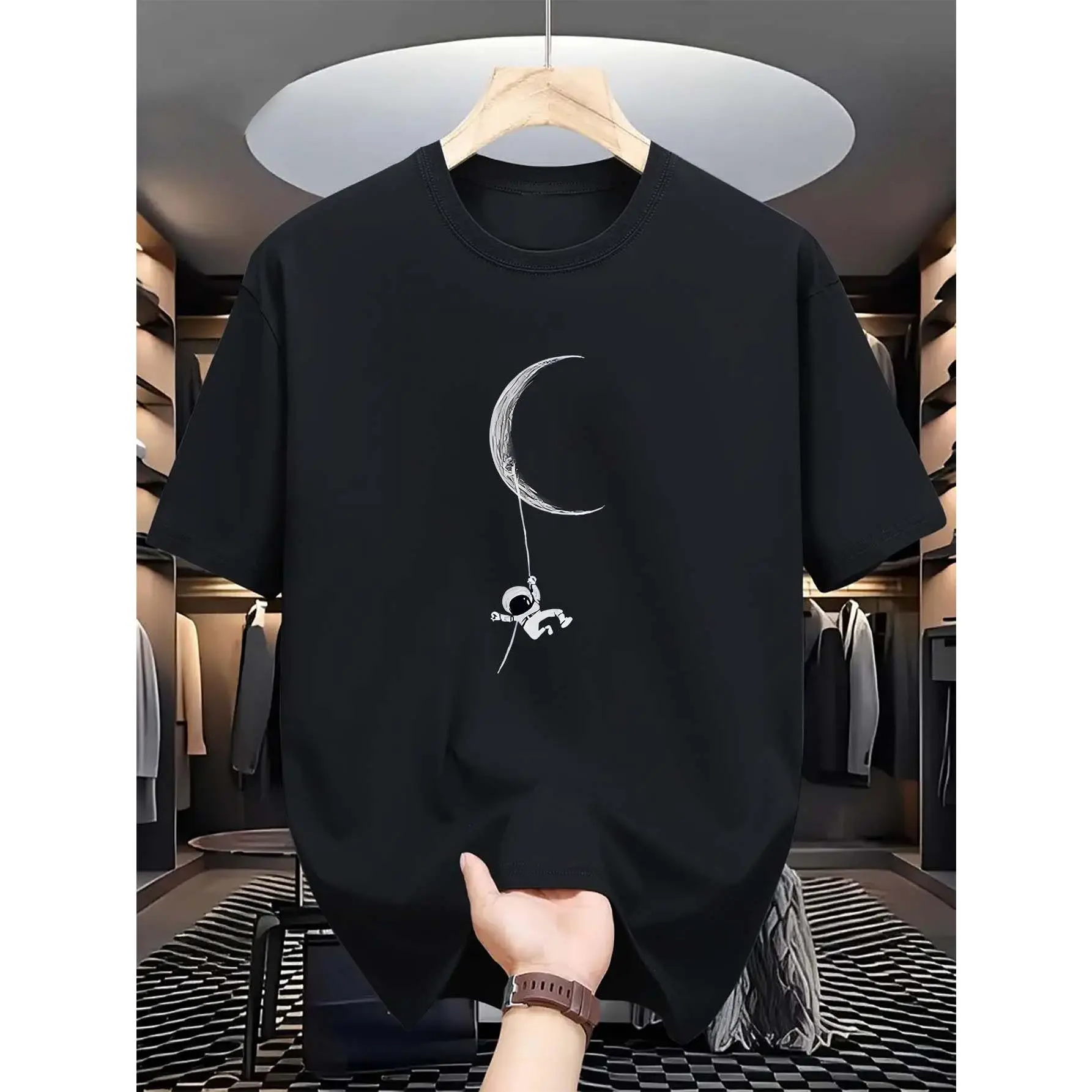 Fashion Trend Men's Astronaut and Moon Print T-Shirt – Casual Summer Round Neck Short Sleeve Shirt, Machine Washable, Comfortable Fit