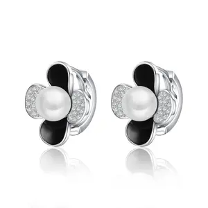 Mytys Four-Leaf Clover Clip-On Earrings - Central Pearl Accent, Black Panel & Crystal-Studded Petal Design, Viral Trendy Elegant Aesthetic Jewelry Perfect for Daily Wear, Party Outfits, Date Nights & Gifting for Women, Eye-Catching Accessory