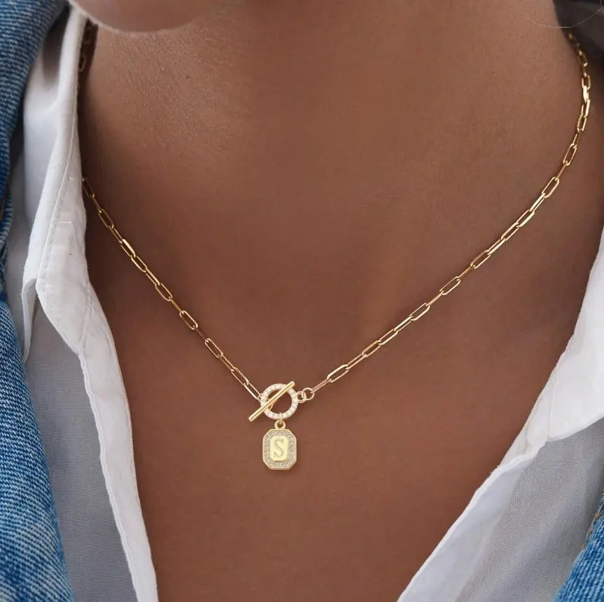 1pc Classic Minimalist Square Letter Pendant, Stainless Steel Paperclip Chain Necklace, Women