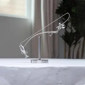Fisherman Balancing Sculpture, Kinetic Fishing Statue, Metal Fishing Rod Art, Fluid Metal Design, Home & Office Decor, Outdoor Dynamic Artwork