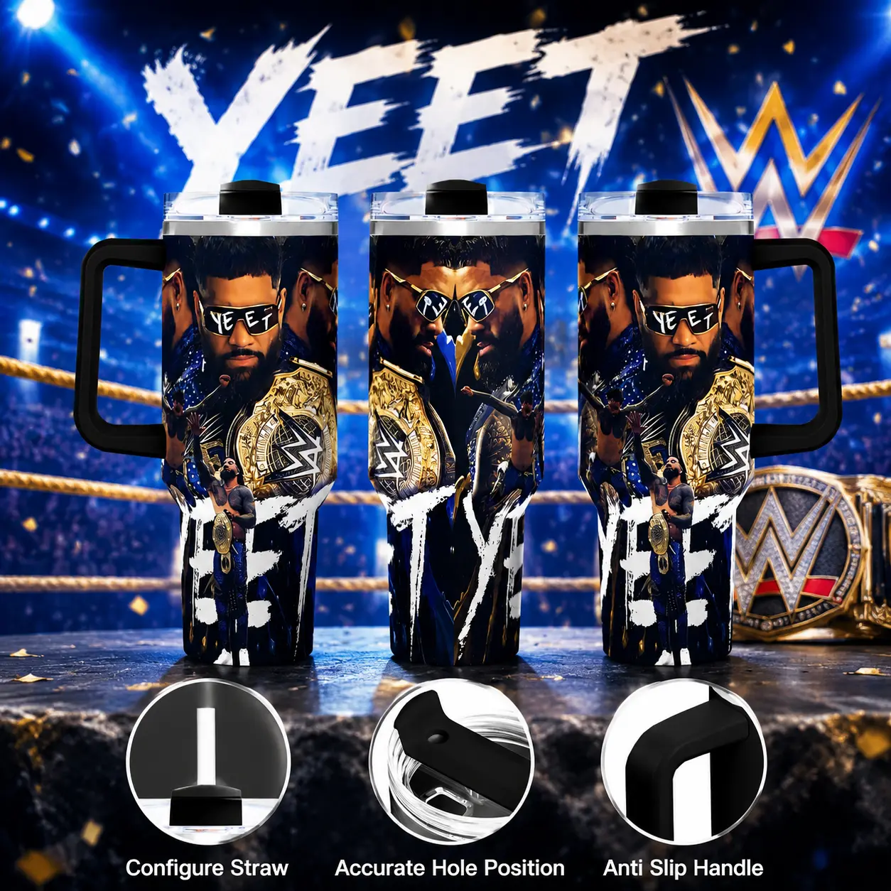 Jey Uso Wrestling Yeet-1 40oz Insulated Stainless Steel Flask with Handle, Straw, Leakproof Vacuum Seal, Reusable Large-Capacity Drinkware for Commute, WWE Fan Gift with Graphics for Men, Flasks