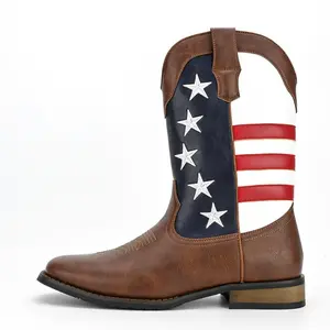Personality fashion five-pointed star flag men's cowboy boots plus size cowboy boots tall tops riat men para caballero men western cowboy Vintage Western-Top Cowboy Boots cowgirl boots Patriotic style