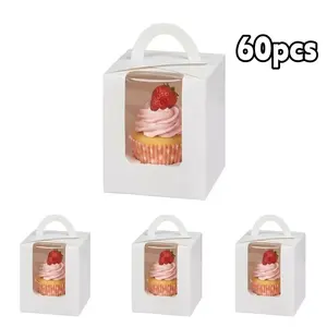 60 Pack of Individual Cupcake Boxes with a Transparent Window, Food-Grade Cupcake Trays Stackable Deep Transport Boxes for Small Cake,  ﻿