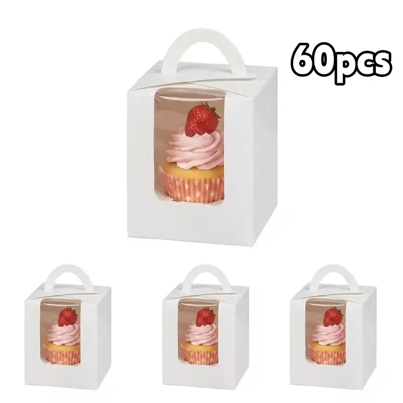 60 Pack of Individual Cupcake Boxes with a Transparent Window, Food-Grade Cupcake Trays Stackable Deep Transport Boxes for Small Cake,  ﻿ camping essentials