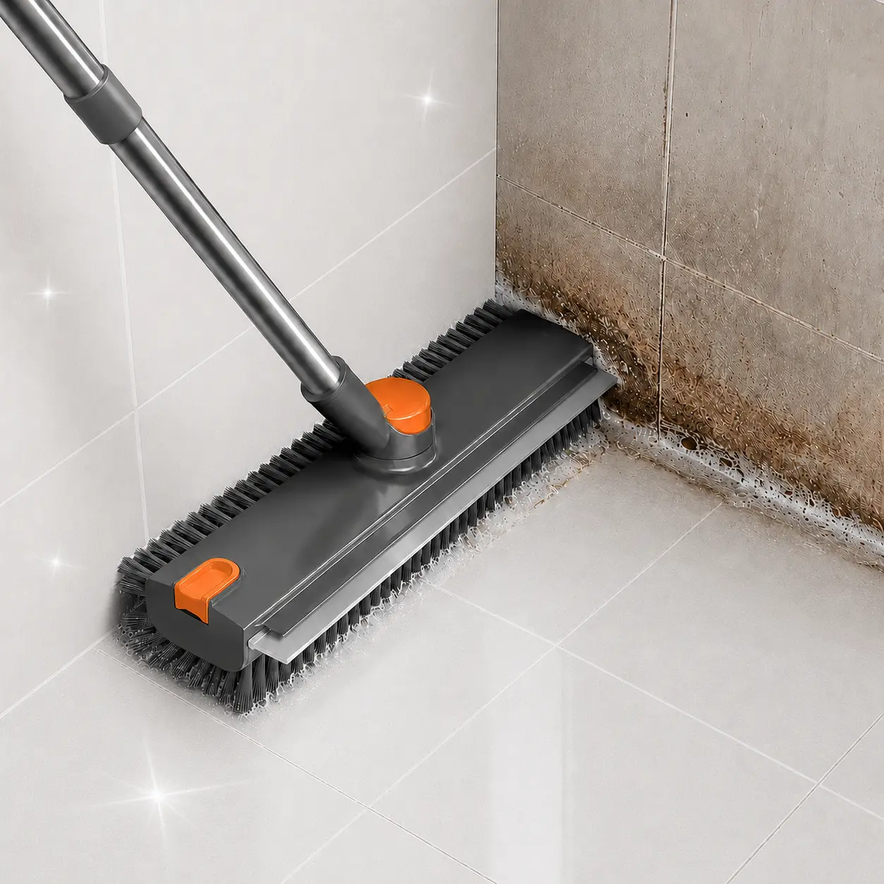 3-in-1 Floor Scrub Brush with Long Handle, 360° Rotating Stiff-Bristle Cleaning Brush with Built-In Squeegee and Scraper for Tile, Grout, Shower, Bathtub, Bathroom Floors, Walls, Patio, Deck and Garage Cleaning