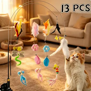 Cat Teaser Toy,13 Pcs Interactive Cat Teaser Toys,Fun Indoor Cat Enrichment Toy for Self-Play,Colorful Feather Toy Set,Hands-Free Suction Cup Cat Wand #Hot